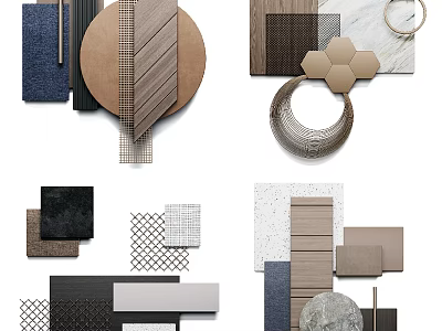 Creative Wall Decor With Wooden Panels Metal Rings And Textured Stone Tiles 3d model