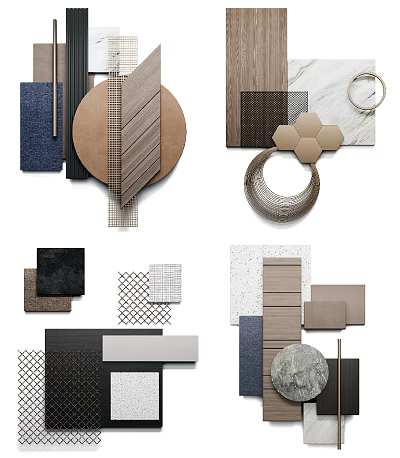 Creative Wall Decor With Wooden Panels Metal Rings And Textured Stone Tiles 3d model
