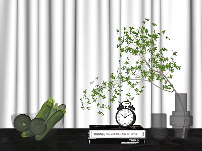 Elegant Ornamental Decor Set With Green Plant Foliage Alarm Clock Geometric Shapes And White Curtain 3d model