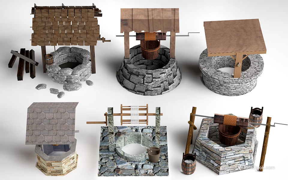 Traditional Karesansui Garden Design With Stone Basins Wooden Roofs And Slate Stones 3d model 