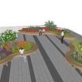 Wooden Outdoor Chairs Around Flower Beds On Rooftop Terrace With Green Plants And People Relaxing