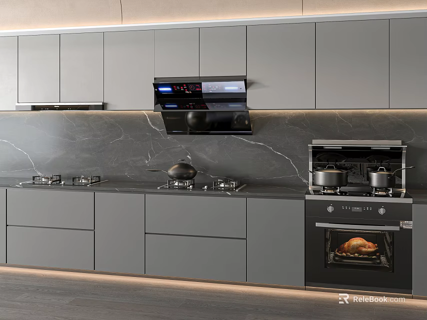 Modern Kitchen Interior With Gray Cabinets Marble Countertop And Built In Appliances 3d model 