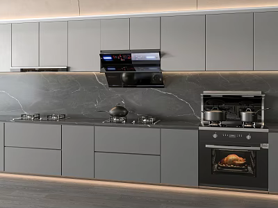 Modern Kitchen Interior With Gray Cabinets Marble Countertop And Built In Appliances 3d model