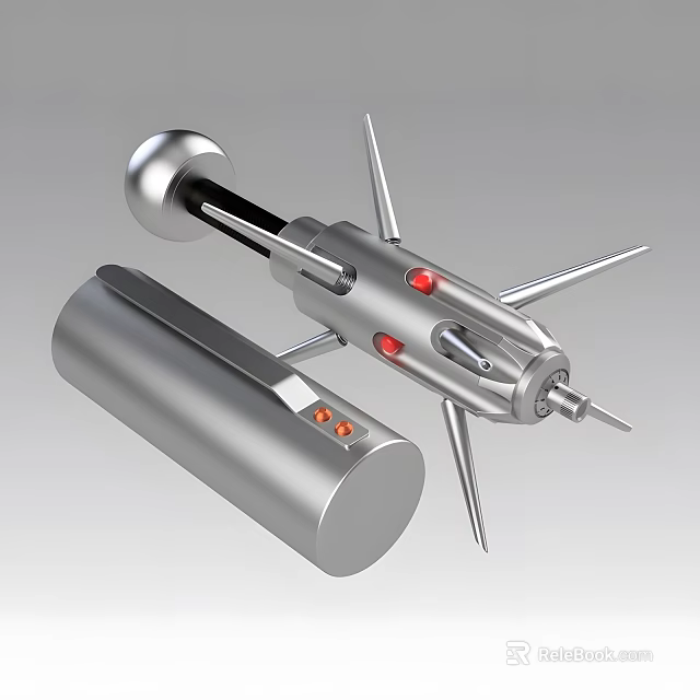 Futuristic Silver Weapon Featuring Spiked Structure Red Indicators And Cylindrical Mechanical Component 3d model 