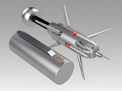 Futuristic Silver Weapon Featuring Spiked Structure Red Indicators And Cylindrical Mechanical Component 3d model