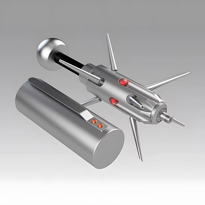 Futuristic Silver Weapon Featuring Spiked Structure Red Indicators And Cylindrical Mechanical Component 3d model