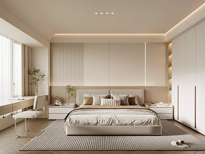 Modern Minimalist Bedroom Interior Design With Bed Nightstands Wardrobe Desk And Soft Rug 3d model