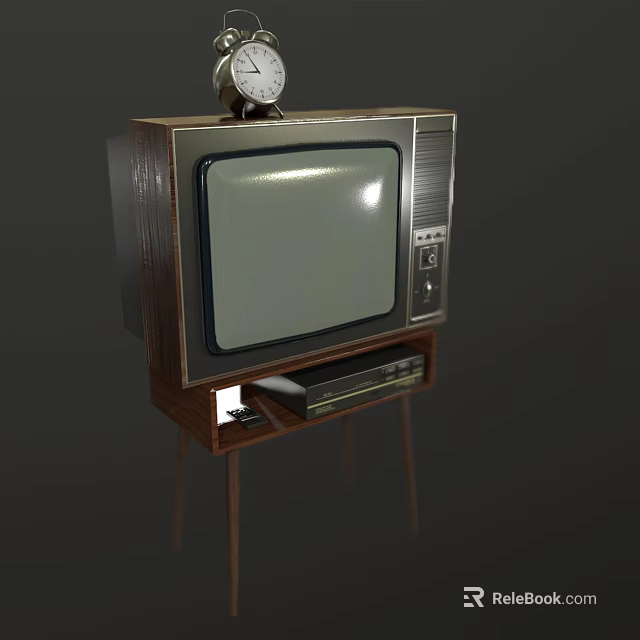 Vintage Television With Wooden TV Stand And Clock On Top In Retro Style 3d model 