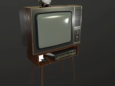 Vintage Television With Wooden TV Stand And Clock On Top In Retro Style 3d model