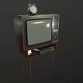 Vintage Television With Wooden TV Stand And Clock On Top In Retro Style