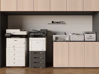 Modern Office Interior With Different Office Appliances Printers Copiers And Storage Units 3d model