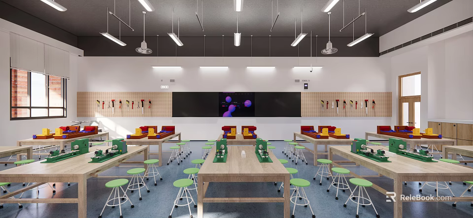 School Modern Classroom With Green Stools Wooden Tables Black Screen And Wall Tools 3d model