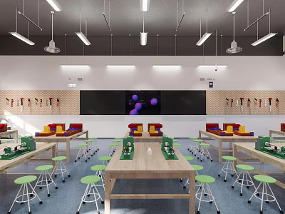 School Modern Classroom With Green Stools Wooden Tables Black Screen And Wall Tools 3d model