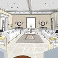 Elegant Living and Dining Room with White Sofas Coffee Table Decorative Mirrors and Ceiling Lights