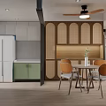 Modern Dining Living Room Interior With Wooden Rattan Decor Round Table And Green Plant