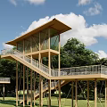 Modern Elevated Roadside Facility With Wooden Structure Staircase And Green Landscape