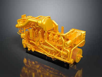 Golden Industrial Engine Model With Detailed Mechanical Components And Shiny Metallic Structure 3d model