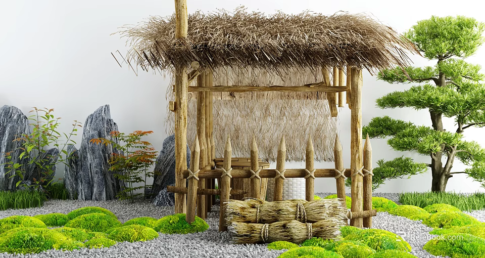Courtyard Garden With Thatched Roof Wooden Pavilion Rock Formations Green Plants And Straw Stacks 3d model 