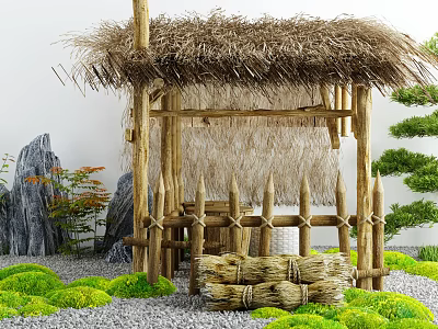 Courtyard Garden With Thatched Roof Wooden Pavilion Rock Formations Green Plants And Straw Stacks 3d model