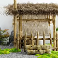 Courtyard Garden With Thatched Roof Wooden Pavilion Rock Formations Green Plants And Straw Stacks