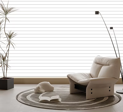 Modern Minimalist Leisure Chair In Beige Upholstery With Round Rug Plant And Floor Lamp 3d model