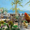 Adorable Cat Rooster And Chick With Dandelions Bamboo Mushrooms Flowers In Lush Garden