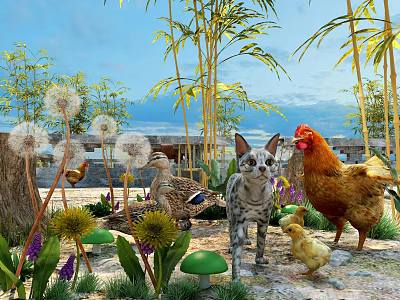 Adorable Cat Rooster And Chick With Dandelions Bamboo Mushrooms Flowers In Lush Garden 3d model