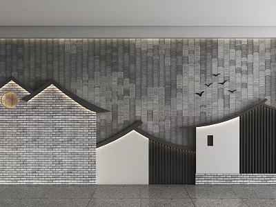 Traditional Chinese Background Wall With Gray Tile Arrangement Eave Shaped Designs And Flying Bird Decorations 3d model