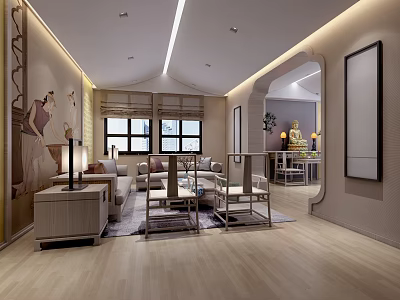 Chinese Style Reception Room Interior With Sofa Coffee Table And Decorative Paintings 3d model