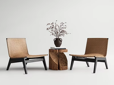 Woven Leisure Chairs Featuring Black Legs And Wooden Side Table With Vase Plant 3d model