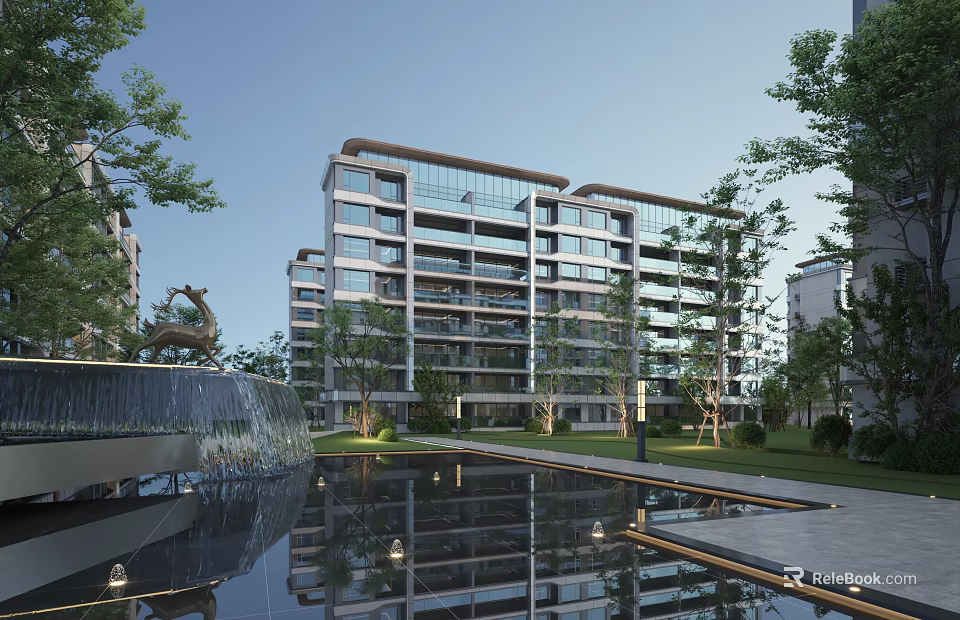 Modern Residential Building With Glass Facade Lush Greenery And Reflecting Pool 3d model 