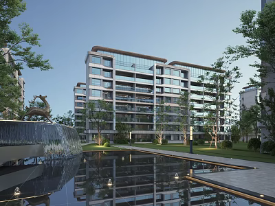 Modern Residential Building With Glass Facade Lush Greenery And Reflecting Pool 3d model