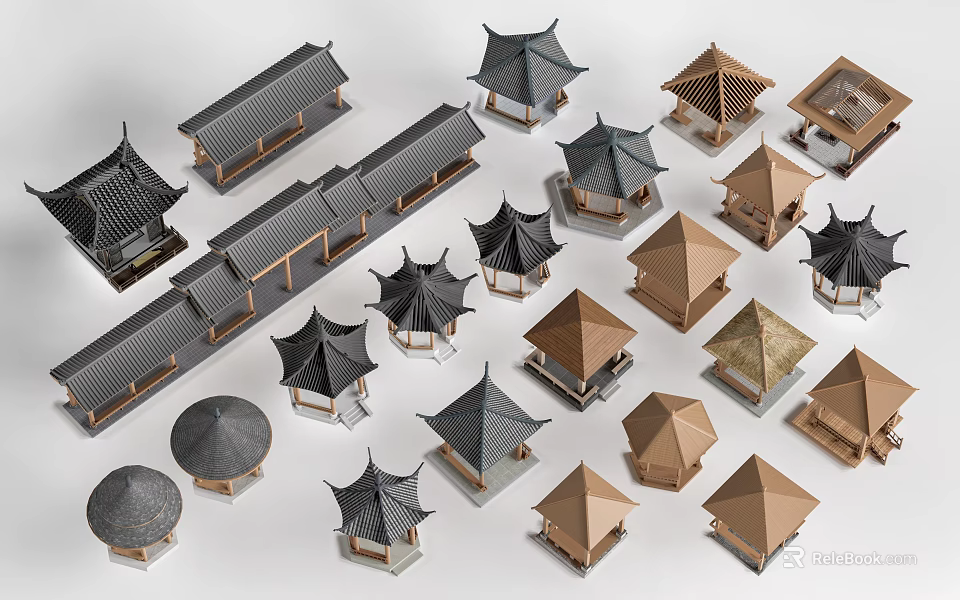 Traditional Chinese Architectural Roof Models With Various Styles And Black Brown Tiles 3d model 