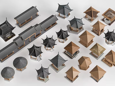 Traditional Chinese Architectural Roof Models With Various Styles And Black Brown Tiles 3d model