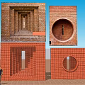 Red Brick Feature Wall With Circular And Rectangular Cutouts Layered Architectural Design Structure 3d model