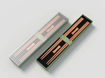 Tableware Set Including Copper Colored Chopsticks in Open Green Display Boxes for Dining 3d model