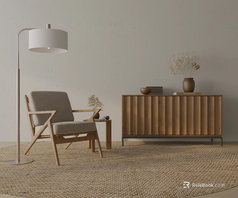 Minimalist Accent Chair With Wooden Frame Side Table Floor Lamp And Woven Rug 3d model 