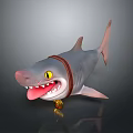 Cartoon Shark With Yellow Eyes Open Mouth Teeth Red Tongue Brown Collar And Gold Pendant