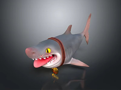 Cartoon Shark With Yellow Eyes Open Mouth Teeth Red Tongue Brown Collar And Gold Pendant 3d model