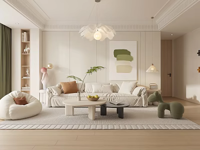 Modern Cozy Living Room With White Sofa Wooden Coffee Table Petal Chandelier And Abstract Painting 3d model