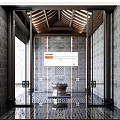 Shop Front Desk With Chinese Style Wooden Beam Ceiling Gray Brick Walls And Glass Doors