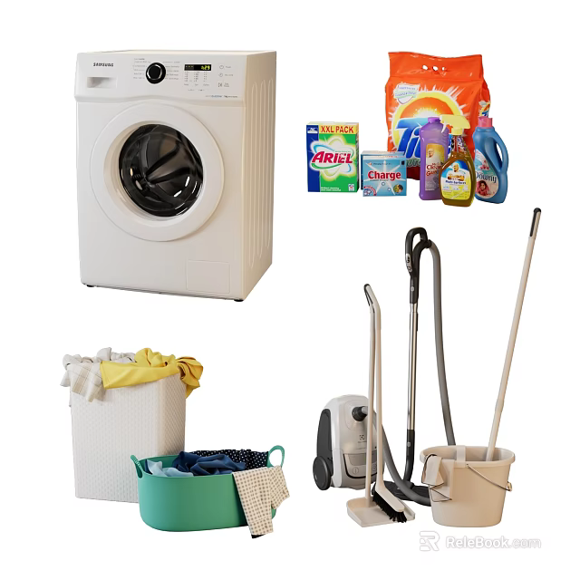 White Washing Machine with Laundry Detergent Powder Baskets Holding Dirty Clothes and Cleaning Tools 3d model 