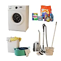 White Washing Machine with Laundry Detergent Powder Baskets Holding Dirty Clothes and Cleaning Tools