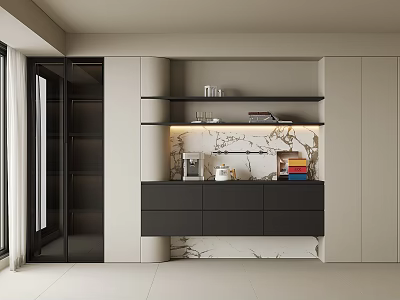Elegant Modern Sideboard With Black Cabinets Marble Countertop And Open Shelves 3d model