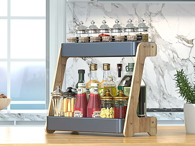 Wooden Double Layer Kitchen Storage Rack With Spice Bottles And Condiment Containers 3d model
