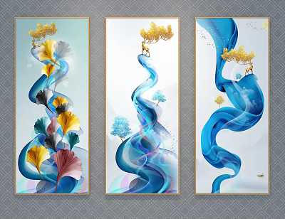 Vertical Abstract Paintings Featuring Flowing Blue Lines Yellow Ginkgo Leaves And Deer 3d model