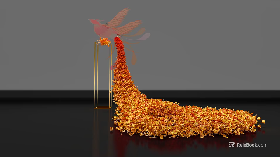 Floral Installation With Orange Flowers Long Tail Shape Golden Geometric Frame And Pink Bird Decoration 3d model 