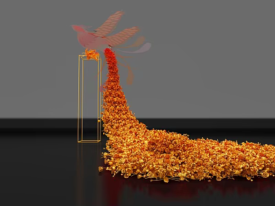 Floral Installation With Orange Flowers Long Tail Shape Golden Geometric Frame And Pink Bird Decoration 3d model