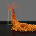 Floral Installation With Orange Flowers Long Tail Shape Golden Geometric Frame And Pink Bird Decoration
