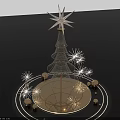Illuminated Christmas Tree Art Installation With Star Top Snowflake Decorations And Golden Orbs